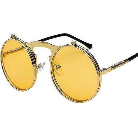 Lunettes de soleil rétro à monture relevable ronde style steampunk pour hommes et femmes, monture dorée, verres jaunes (1/3)