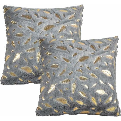 Housse de Coussin Peluches avec Plumes Motifs, dans la Chambre Taie d'oreiller Ultra Douce pour Canapé Lit Décoration d’intérieur, 45x45cm, Ensemble de 2 pièces(Gris) (1/5)