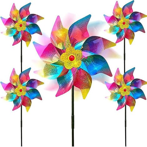 Molino de viento reflectante antipalomas de 5 piezas, repelente de palomas, ahuyentador de aves para exteriores, molino de viento espiral arcoíris reflectante, para tierras de cultivo, huertos y jardi (1/5)