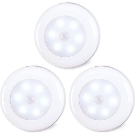 Lot de 3 lampes à détecteur de mouvement pour l’intérieur, à coller, fonctionnement à piles, lumière LED sans fil pour armoire, escaliers, placard, cuisine, blanc froid (1/4)