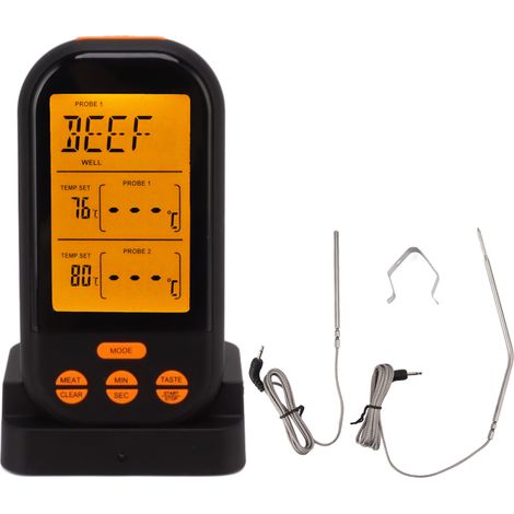 Thermomètre numérique sans fil EN2010 à double sonde pour viande, barbecue, cuisine, écran noir rétroéclairé orange (1/5)