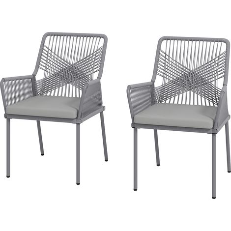 Lot de 2 chaises jardin terrasse avec coussins lavables dossier accoudoirs acier rotin gris foncé