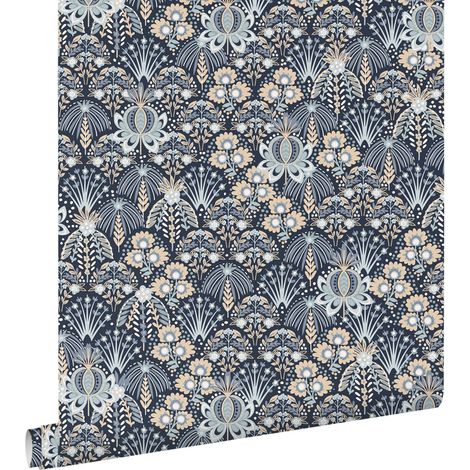 papier peint fleurs vintage de style art nouveau bleu - ESTAhome (1/5)
