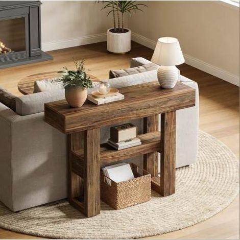 Table console style farmhouse en MDF brun, 2 niveaux, 104,95 x 30 x 80 cm, avec pieds réglables (1/5)