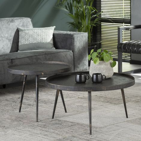 M&S – Lot de 2 tables basses rondes 76 et 58 cm – Imitation acier gris foncé – Plateau en panneaux de particules – Pieds en métal