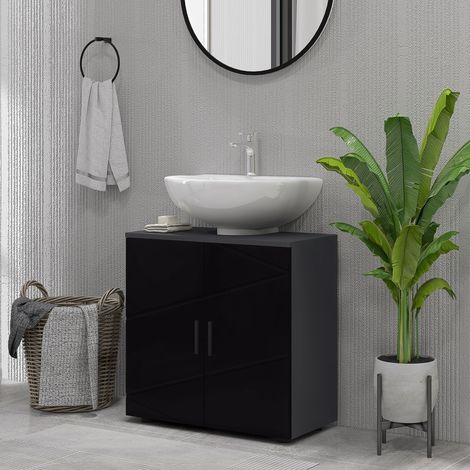 Mobiletto Bagno Sottolavabo con Armadietto 2 Ante, Mobile Sottolavadino a Piedistallo in Legno con Mensola Regolabile, per Lavabi con o Senza Colonna, 60x30x60cm, Nero (1/5)