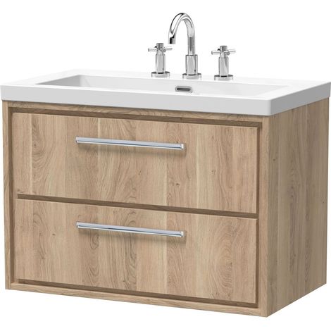 Longnor 2 Drawer Wall Hung Vanity Unit with 3 Tap Hole Modern Fireclay Basin, Light Oak, 800mm