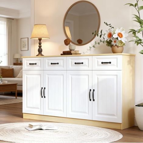 Buffet enfilade 160 cm 4 portes 4 tiroirs MDF blanc OKMYHOME (1/5)