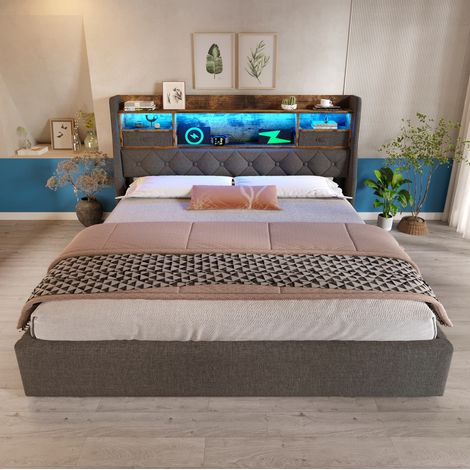 Lit capitonné 180x200 cm gris en lin avec tête de lit LED, ports USB/Type-C et rangement hydraulique (1/5)