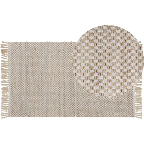 Alfombra de pasillo beige algodón yute con flecos 80 x 150 cm tejida a mano boho pasillo dormitorio Zerdali