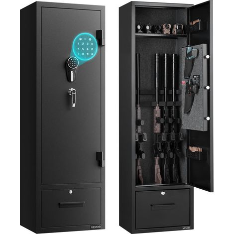 Armoire à 4 Fusils, Coffre-Fort pour Armes à Feu 2 Façons de Verrouillage par Clavier Numérique et Clés, 2 Emplacements pour Munitions, 2 Poches pour Pistolets et 2 Supports Réglables, Domicile (1/5)