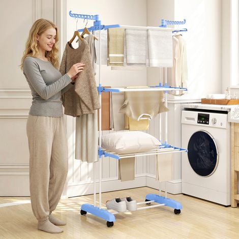 Séchoir étendoir à linge sur roulette pliable ailes latérales intérieure et extérieure 73 x 64 x 177 cm bleu argent (1/5)