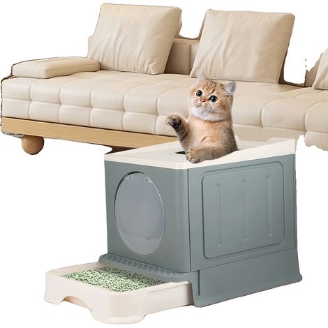 Arenero para gatos, diseño cerrado, bandeja extraíble, GRIS (1/2)