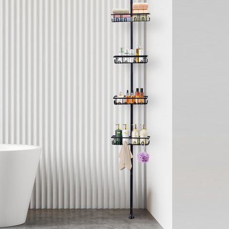 Étagère de douche avec barre de tension réglable et antirouille à 4 niveaux pour salle de bain – 220 à 280 cm – Étagères de baignoire à installation rapide pour le rangement du