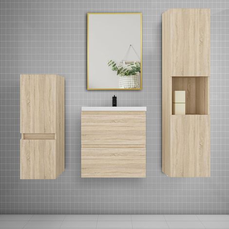 Ensemble meuble de salle de bains 50cm vasque + colonne x2 + miroir,chêne (1/5)