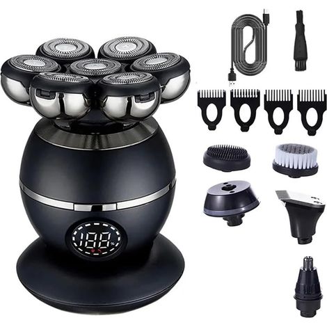 Rasoir électrique pour crâne rasé, rasoir de tête 5 en 1 avec tête de coupe flottante 7D, socle de charge, portable, tondeuse à barbe et cheveux rechargeable (Noir) (1/5)