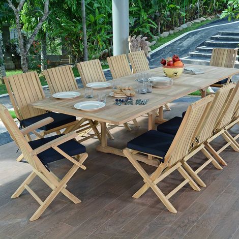 Teck'Attitude – Salon de jardin en teck massif extensible 12 places – Table rectangulaire 190/290 cm – 10 chaises et 2 fauteuils pliants – Certifié FSC (1/5)
