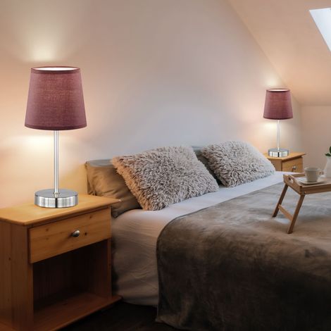 Tischleuchte Nachttischlampe Beistellleuchte Schreibtischlampe Schlafzimmer, Textil braun Metall nickel matt, 1x E14 Fassung, DxH 14,5x32 cm, 2er Set