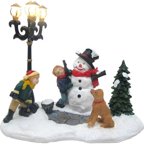 Scène Bonhomme De Neige avec Lampadaire, Plastique, Multicolore, 13 x 13 x 12 cm