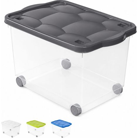 Contenitore multiuso con ruote, misura 60x40x36 cm e capacità 55 litri - Porta biancheria trasparente con coperchio, box salvaspazio - Antracite (1/5)