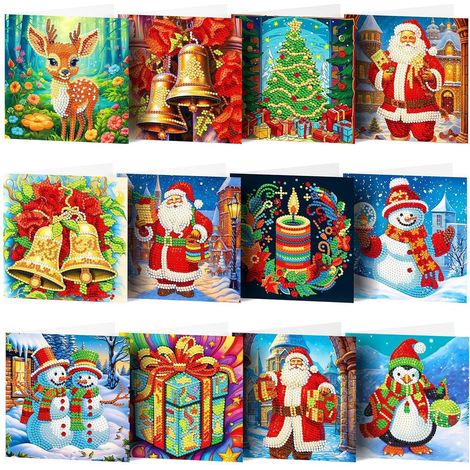 Cartes de Vœux de Noël,12 Pièces 5D Diamant Peinture Cartes de Vœux,Cartes de Vœux de Noël Pliées avec Enveloppes,Carte Cadeau de Noël pour la Famille (1/5)