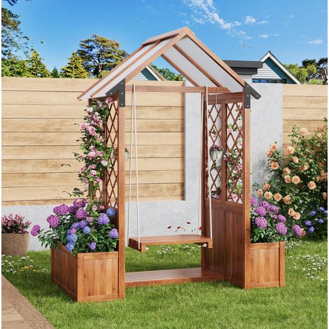 Jardinera con enrejado y columpio 142x70x163 cm de madera marrón, para jardín – MEUBLIV (1/5)