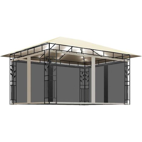 Tonnelle Barnum de Jardin, Pavillon, Pergola, Tente de jardin, avec moustiquaire et lumières LED 4x3x2,73 m Crème OIB4935E (1/5)