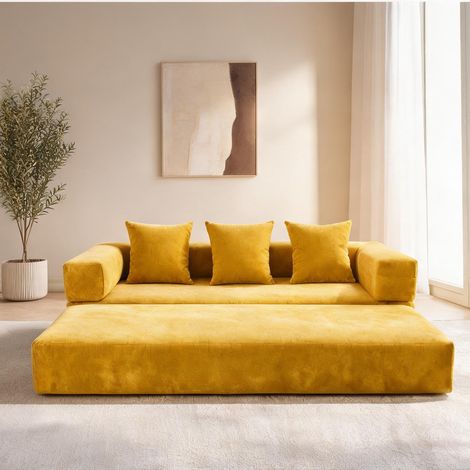 Bloc de canapé en tissu chenille jaune moutarde avec rangements (1/5)