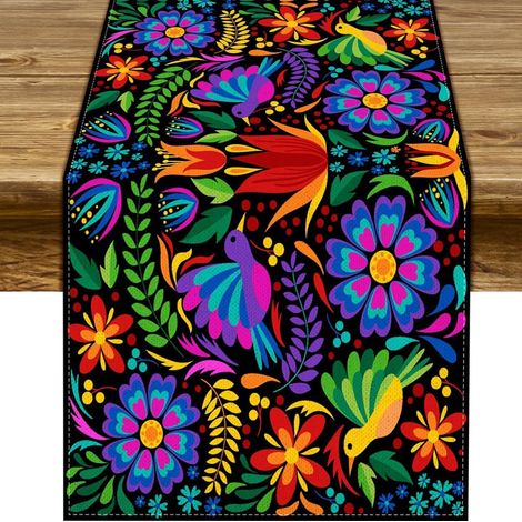 Chemin de table mexicain pour la Fête des Morts, motif floral et crânes, décoration d'Halloween pour salon et meuble TV - 30 x 180 cm (polyester) - WSJZQ-21