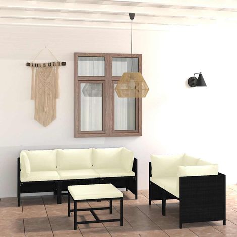 Salon de jardin 6 pcs avec coussins Résine tressée Noir (1/5)
