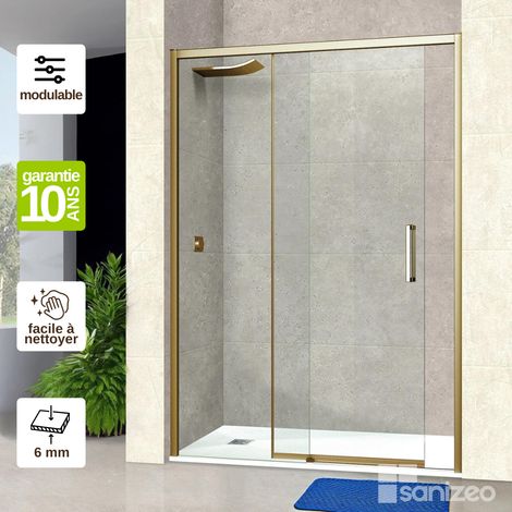 Paroi de Douche Coulissante DROITE en Verre Trempé 6 mm - L116xl120H195 cm - profilé or - Vézannes 2P SUPERBAN (1/5)