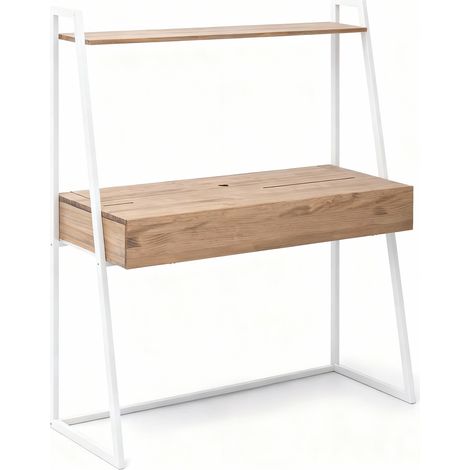 Escritorio con balda superior iCub 121x45x144cm madera maciza acabado natural Blanco BoxFurniture