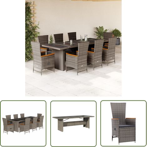 The Living Store 9-tlg. Garten-Essgruppe mit Kissen Grau Poly Rattan - Garten Möbel - Gartenset - Esstisch Set - Outdoor Möbel - Terrassenmöbel (1/5)