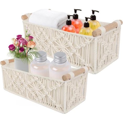 Lot de 2 paniers de rangement bohèmes en coton macramé fait main, paniers décoratifs pour papier toilette, salle de bain, accessoires et produits de toilette, blanc (1/5)