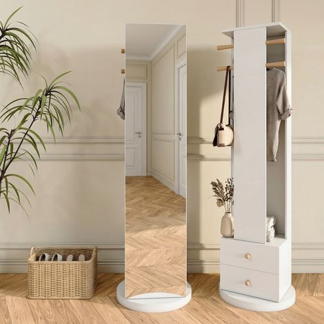 Appendiabiti multifunzione con specchio da terra 45x45x160 cm, mobile da ingresso, girevole a 360° con 2 cassetti, in legno, stile moderno, Bianco (1/5)