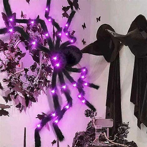 Déco Halloween Araignée Lumineuse LED 90cm, Toile d'Araignée Éclairée pour Maison Jardin, Ornement Effrayant de Fête, Guirlande Araignée Noire avec 60 Lumières (1/5)