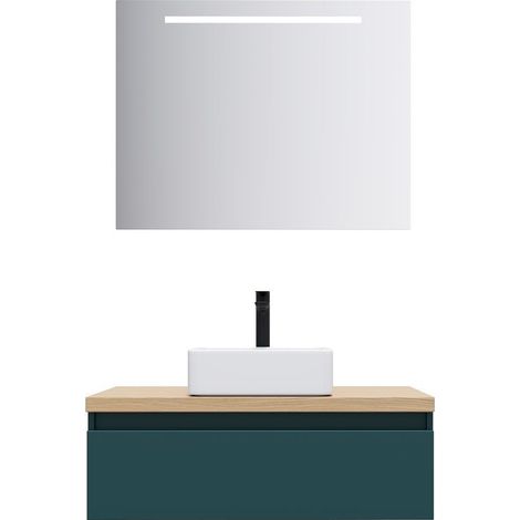 Meuble de salle de bain suspendu vasque à poser 90cm 1 tiroir Bleu + miroir - Hudson (1/5)