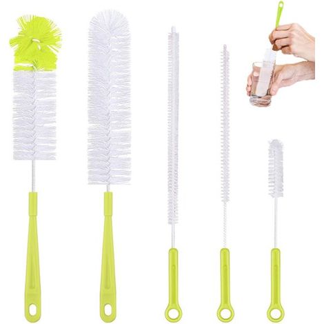Lot de 5 goupillons - Brosse à long manche pour laver les verres - Brosse de nettoyage - Brosse à long manche - Verte - Convient pour nettoyer les bouteilles de bière, de vin, les gourdes, les légumes (1/5)