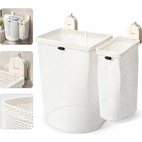 Panier a Linge Mural Acier Carbone Sans Percage avec Ventouse 2 en 1 Blanc Creme 45 x 27.8 x 20.5 cm (1/5)