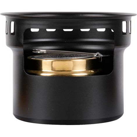 Réchaud à alcool portable, petit modèle en alliage d'aluminium et laiton, coupe-vent, pour camping et pique-nique, noir. (1/4)