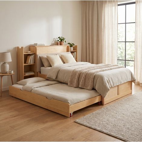 Ausziehbett 90x200–180x200 cm aus Holz und MDF, Naturholz, platzsparend, ohne Matratze (1/5)
