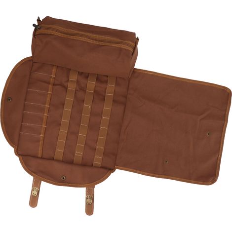 Sac de voyage en toile marron grande capacité avec sangle extérieure, idéal pour barman et déplacements professionnels.