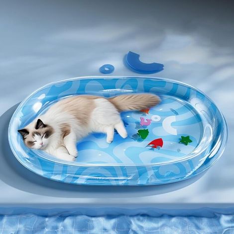 Wasserspielmatte für Katzen mit Ozeanmotiv (Fellschwanz) - Dicke, rutschfeste Spielmatte für Katzen mit einem schwimmenden Fischmuster, geeignet für interaktives Spielen von Katzen in Innenräumen im S