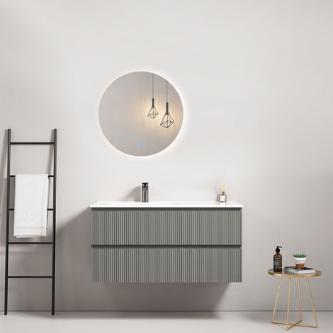 Mobile bagno sospeso cannettato 100 cm Grigio Londra Lavabo a Sinistra in Ceramica Specchio Tondo Retroilluminato - Fiji Paint