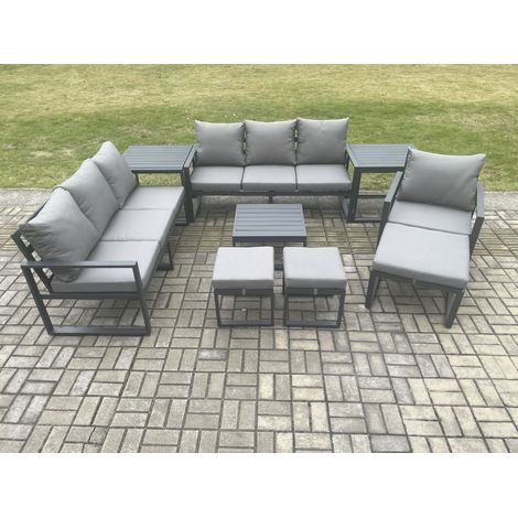 Fimous Aluminium Outdoor Lounge Sofa Set Garden Furniture Sets with Square Coffee Table Chair 3 Footstools 2 Side Tables Dark Grey (1/5)