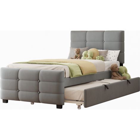 FurnitureR Lit simple 90x190 avec lit gigogne tissu velours lit rembourré tête de lit haute lit invité gain de place, Gris (1/5)