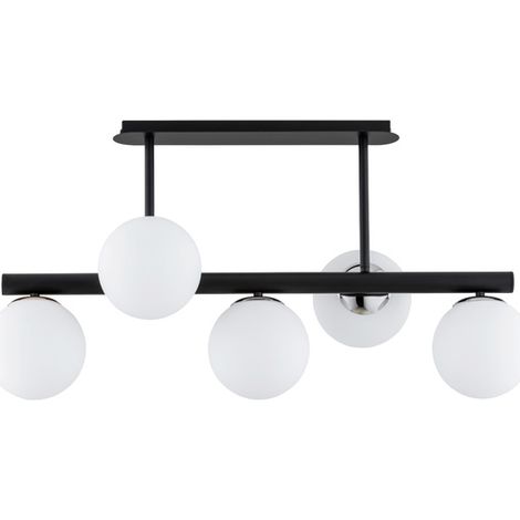Alfa TUKANE Modern Ceiling Light 5xE14, Matte Black Metal Frame with 5 White Glass Globe Shades, Dimmable, 81cm Wide x 43cm High, for Living Room & Dining Room