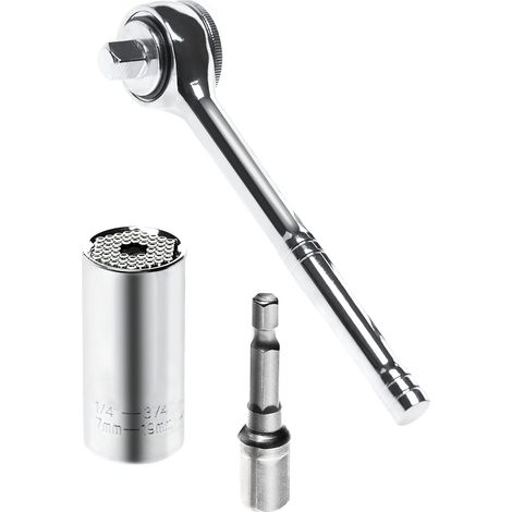 Jeu de clés universelles - Polyvalent pour écrous de 7 à 19 mm - Avec cliquet réversible 3/8 et adaptateur pour outils électriques (1/4)