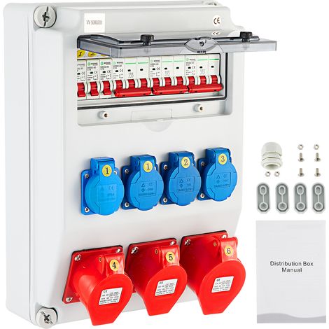 Mophorn Wandstromverteiler, ABS Kunststoff, Verteilerkasten mit 4xSchuko Steckdose 230V/16A, 2xCEE Steckdose 400V/16A, 1xCEE Steckdose 400V/32A 5 - polig, 1/3 - poliger Sicherungsautomat