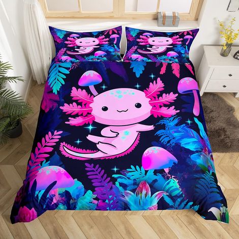 Parure de lit pour enfant avec housse de couette de 135 x 200 cm et 1 taie d'oreiller, motif 3D Axolotl Seaweed Plant, thème animaux de l'océan, pour fille garçon (1/5)